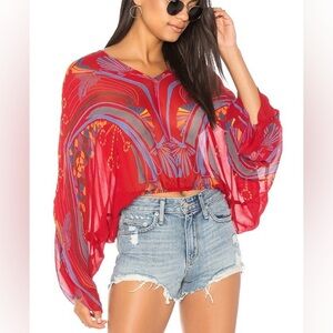 Free People Beneath The Sea Top in Red Women's Bohemian Flowy Sheer NWT - Small